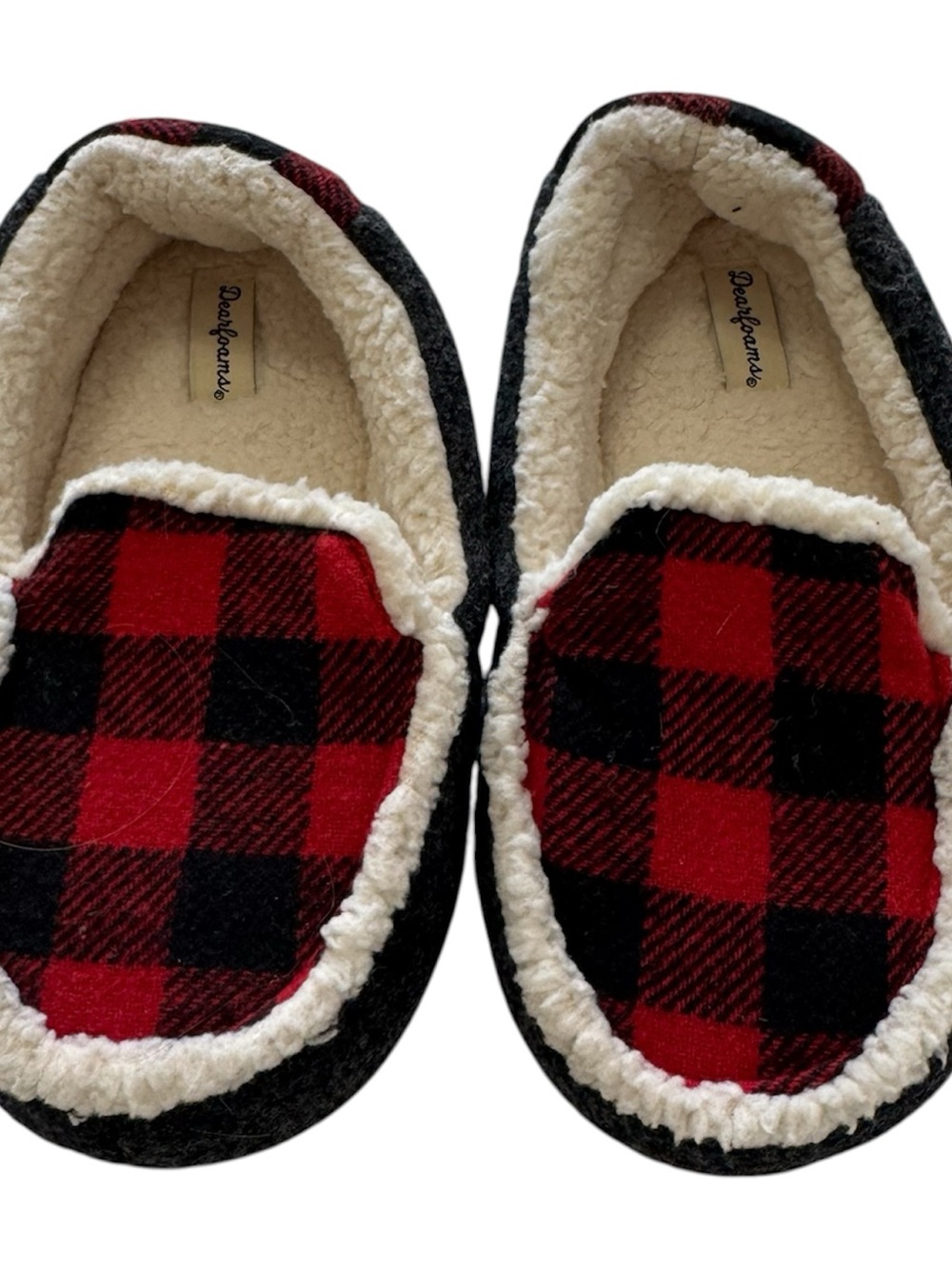 dearfoams Red & Black Buffalo Plaid Sherpa-Lined Moccasins Size 13-1